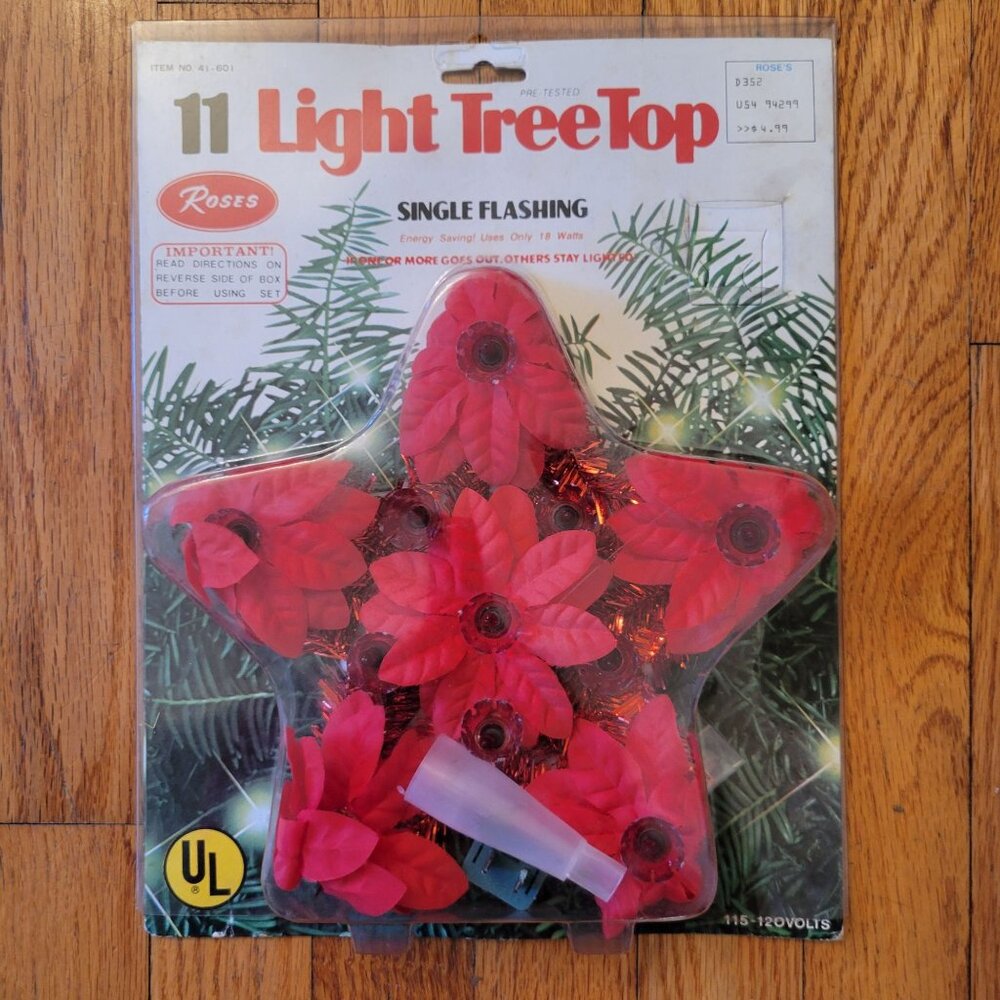 Christmas 11 Light Tree Top Star Flashing Red Poinsettia Floral‎ Flowers Holiday